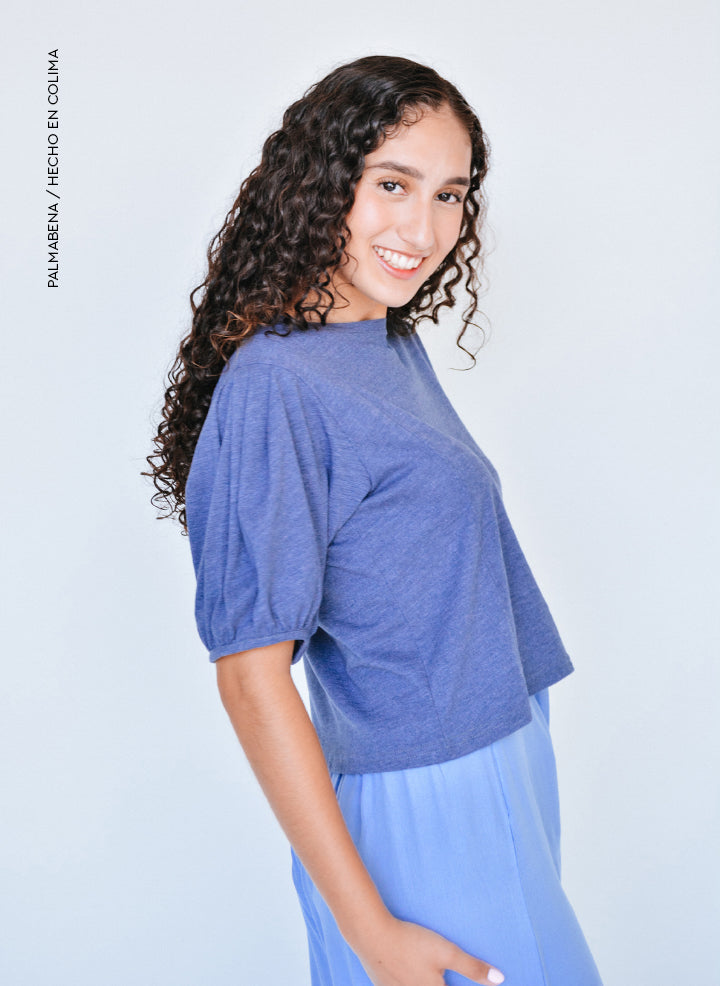 T-shirt manga abullonada azul - 1B-97